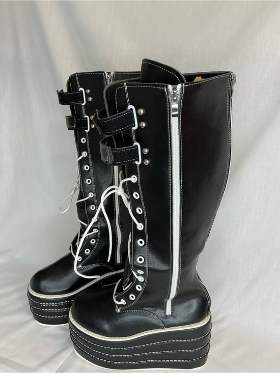 Shoes - 2112 - Black Platform Lace-Up Knee-High Boots